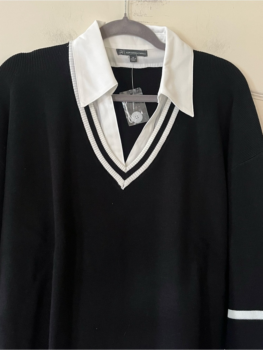 Adrianna Papell Black V-Neck Layered Sweater with White Stripes Size 1X - Picture 5 of 14